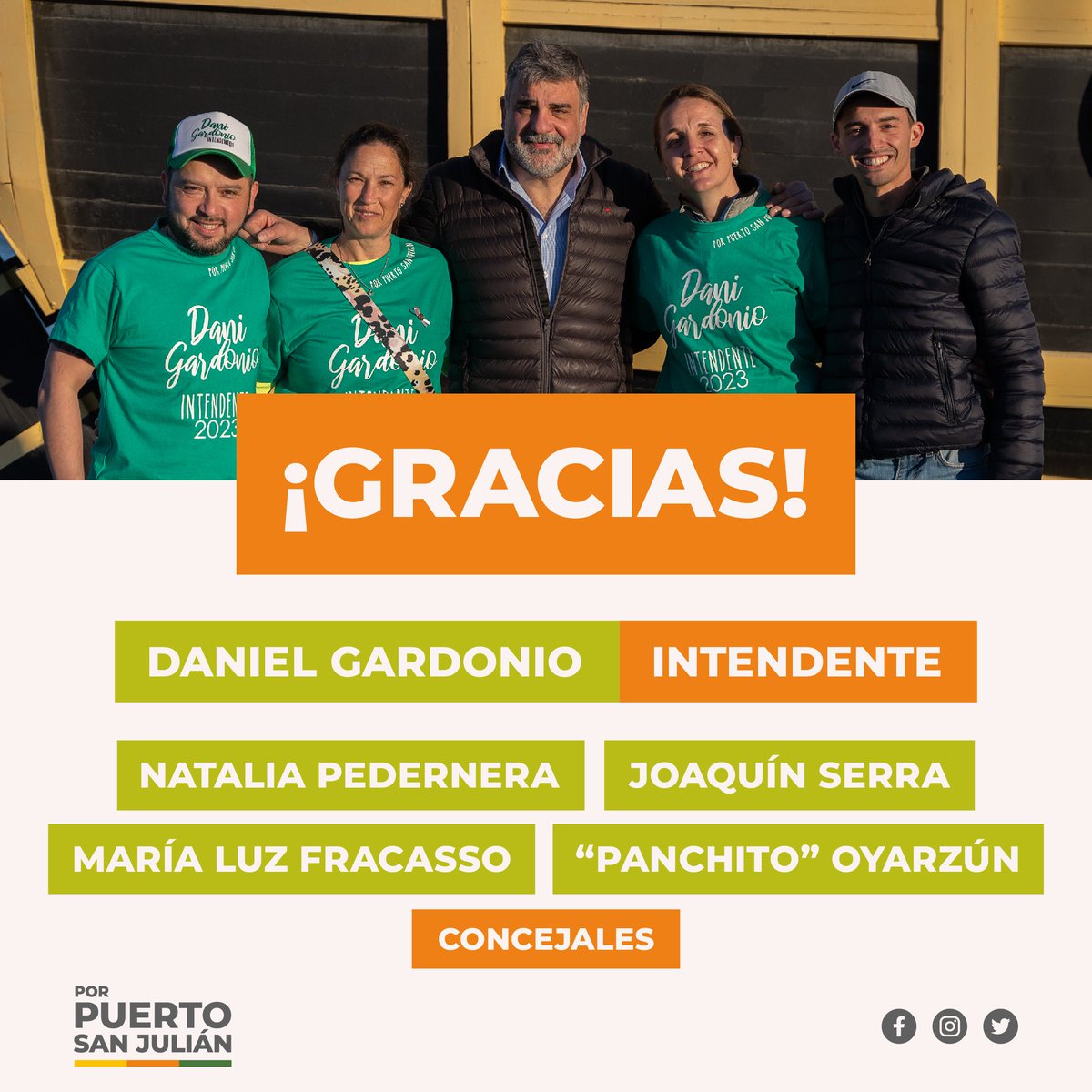 Daniel Gardonio (@danielgardonio) on Twitter photo No me entra más alegría! #PuertoSanJulian nos ha vuelto a elegir. Seré intendente una vez más, con este equipazo de 4 concejales y con Diputado Provincial <a href="/piero_boffi/">Piero Boffi</a> de nuestro espacio 💪🏻
Gracias a cada ciudadano que apoya y confía en nosotros 🙏🏻
Es con #PorPuertoSanJulian No me entra más alegría! #PuertoSanJulian nos ha vuelto a elegir. Seré intendente una vez más, con este equipazo de 4 concejales y con Diputado Provincial <a href="/piero_boffi/">Piero Boffi</a> de nuestro espacio 💪🏻
Gracias a cada ciudadano que apoya y confía en nosotros 🙏🏻
Es con #PorPuertoSanJulian
