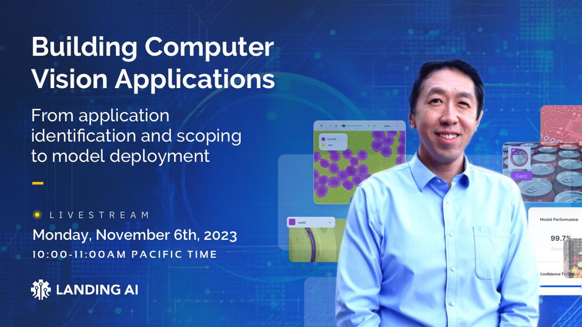 Join me for a livestream, ”Building Computer Vision Applications," on Monday, Nov 6, hosted by Landing AI! Please register here: landing.ai/building-compu… 

I’ll discuss the practical aspects of building a vision application, including how to
(i) Identify and scope a vision