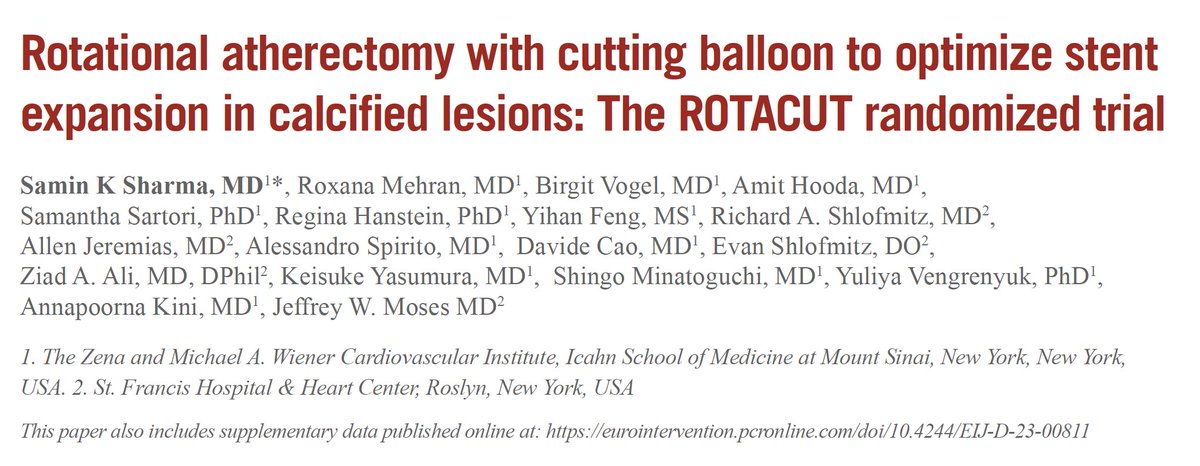 In the ROTACUT trial, lesion preparation with rotational atherectomy followed by cutting balloon angioplasty did not result in more optimal stent expansion compared with rotational atherectomy followed by non-compliant balloon post-dilatation. #TCT2023 eurointervention.pcronline.com/article/rotati…