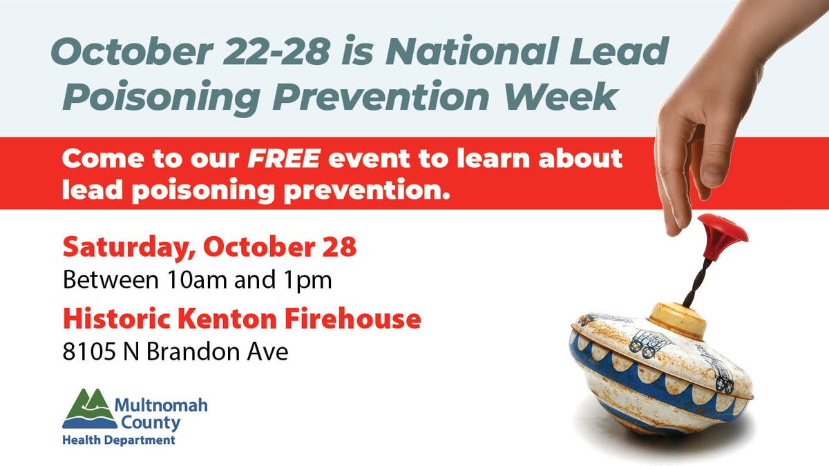 Lead Poisoning Prevention Week reminds us lead poisoning is preventable. Kids under 6 and pregnant people are most at risk. Join us 10/28, 10am-1pm, at the Historic Kenton Firehouse to learn more on how to protect your family. bit.ly/3M5hgBO #NLPPW2023 #leadfreekids