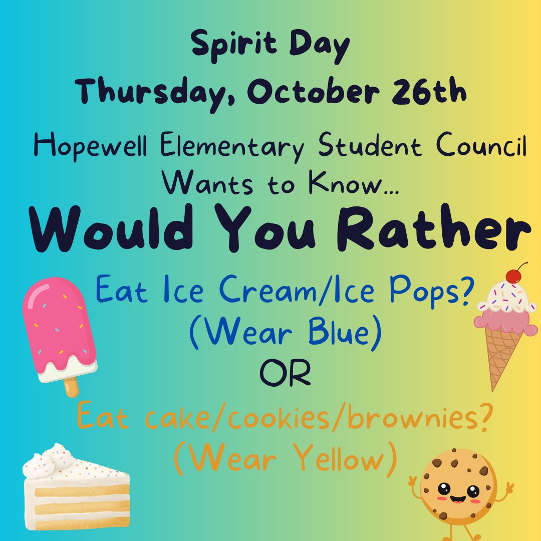 Hey HES, student council wants to get to know you. Join us in playing would you rather- spirit day edition! Are you team blue or yellow?  🍦 🍪 <a href="/HopewellES/">Hopewell Elementary School</a>