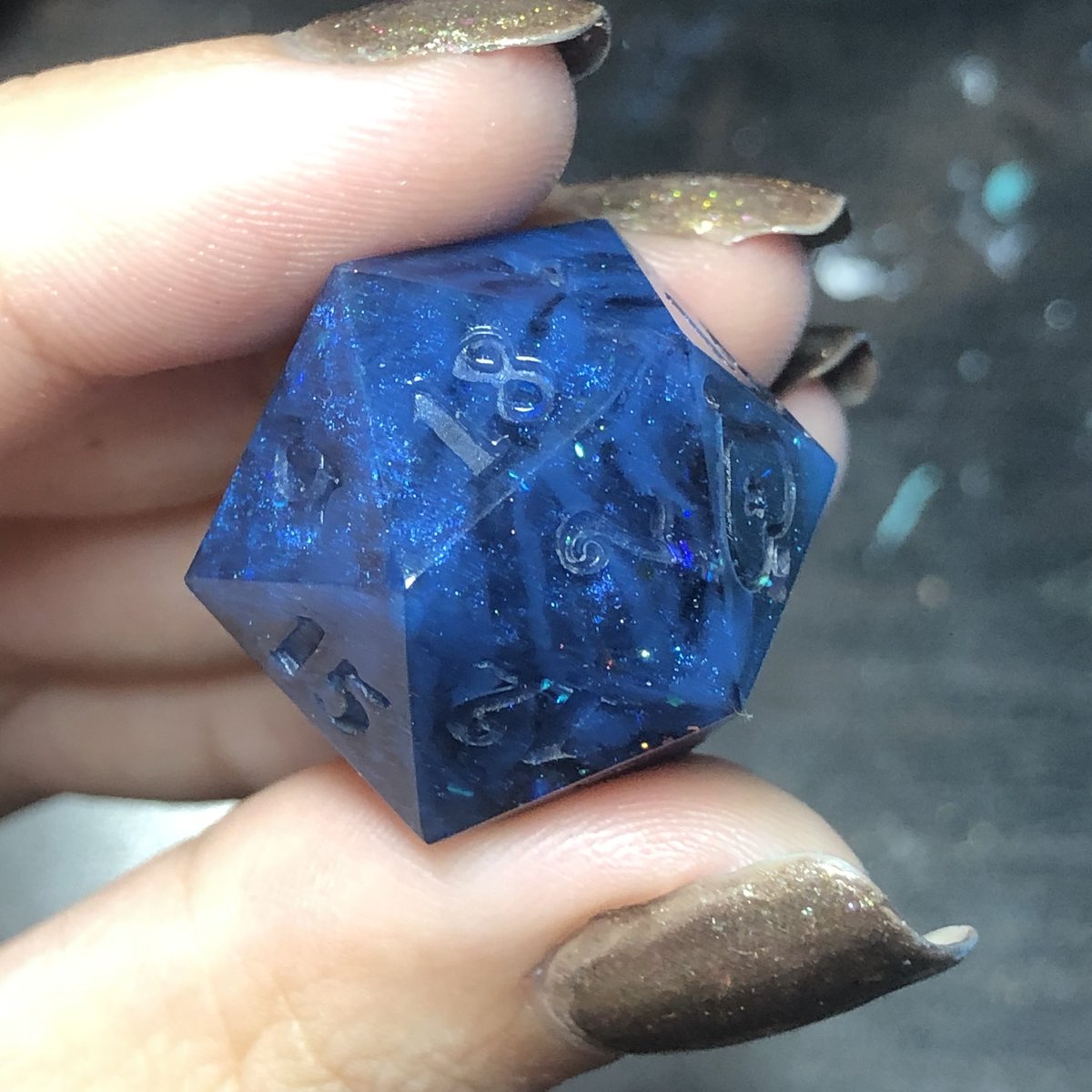 HealersHug's tweet image. Infected Kollari dice set. This set is based of off one of my own characters in a Hollow Knight campaign. The numbers on this set will be inked a bright orange to signify the infection. 
#handmadedice #dice #diceset #dnd #dungeonsanddragons #ttrpg