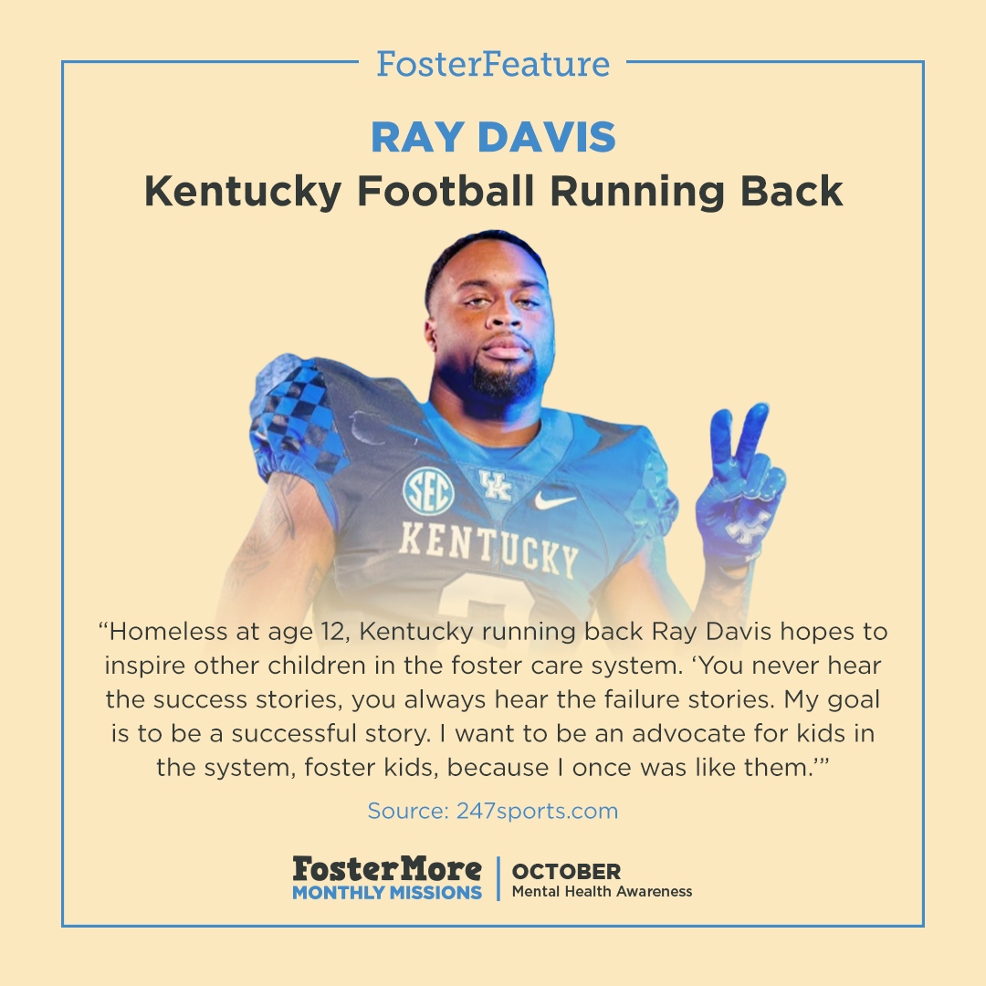 This month’s Foster Feature highlights star running back, Ray Davis. A former #FosterYouth, he is living proof of what self belief and resolve look like. Lend a hand and foster a winning mentality today. Visit fostermore.org/foster-connect/ to learn how you can support children in need!