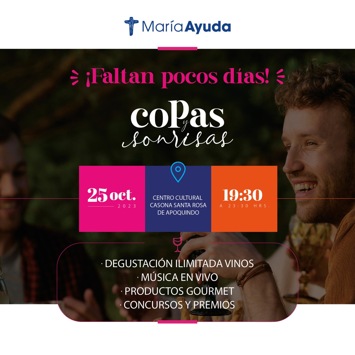 ¡Apúrate!🏃🏻‍♀️ Compra tu entrada en mariaayuda.cl para el mejor after office del mes y ven a disfrutar ayudando🎶🍷 ​
Entrada general: $18.000​
Entrada grupo 4 personas o más: $15.000 p/p​
¡Te esperamos!
#afteroffice #degustación #vinos #ayudar #panorama #octubre #Santiago