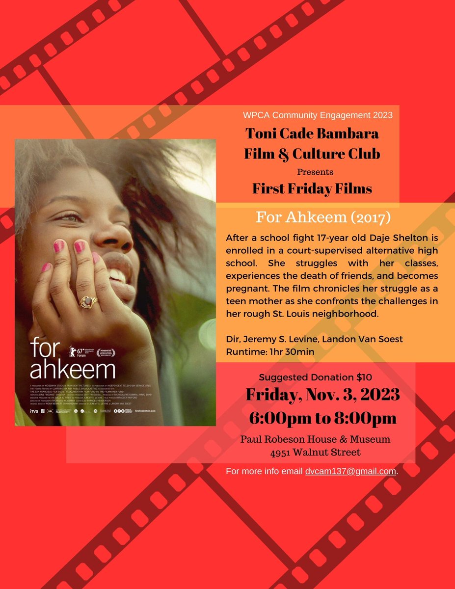 Toni Cade Bambara Film & Culture Club presents 'For Ahkeem' as its next First Friday Film from 6 to 8 pm Nov. 3, 2023, at the Paul Robeson House & Museum, 4951 Walnut St., Philadelphia, preceded by a short debut film 'The Spaces In Between' by Philadelphian Anyabwile Love.