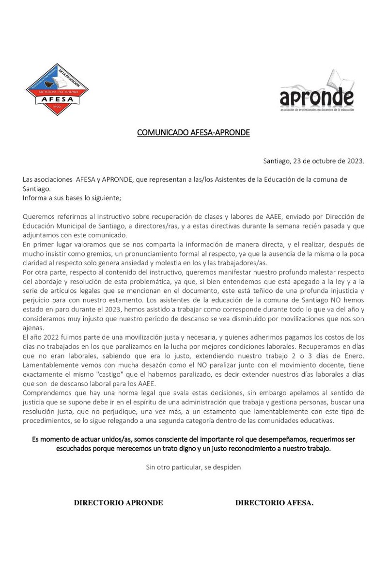 Nuevamente un trato injusto! Sin diálogo, negociación y/o escucha en este tema. <a href="/Afesa4/">Afesa Stgo</a> <a href="/IraciHassler/">Irací Hassler Jacob</a> <a href="/educastgo/">DEM Santiago</a>
