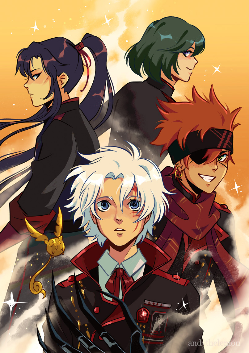 multiple boys eyepatch smile ponytail green hair white hair short hair  illustration images