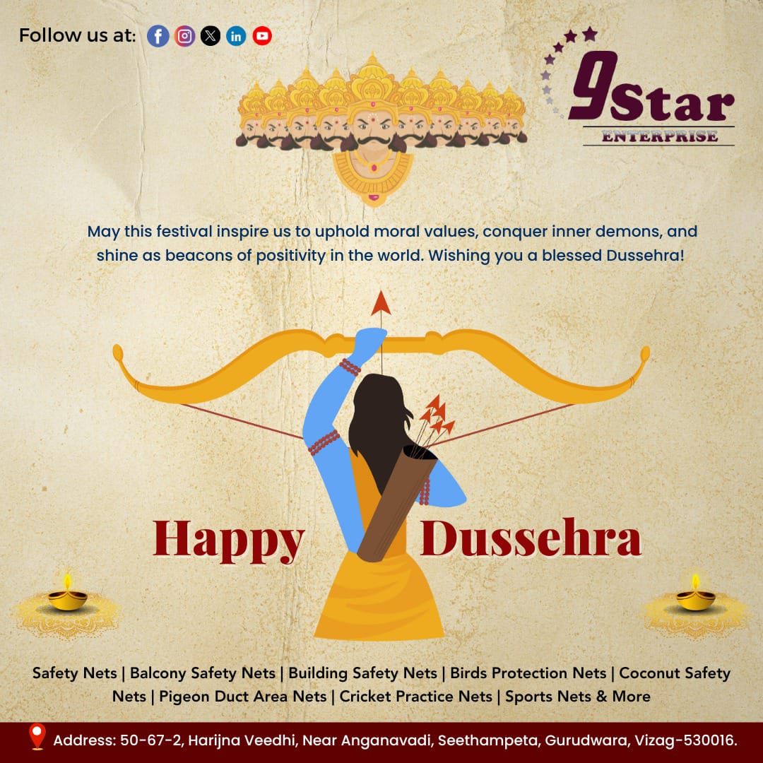 9Star Enterprise: As we celebrate the triumph of light over darkness this Dussehra

Your safety, our commitment! Reach us today at:
📞 7207758507.

#Dussehra #9StarEnterprise #SafetyNets #ProtectingLives #StrengthInUnity #SafetyFirst #CelebratingSafety #SecureYourWorld