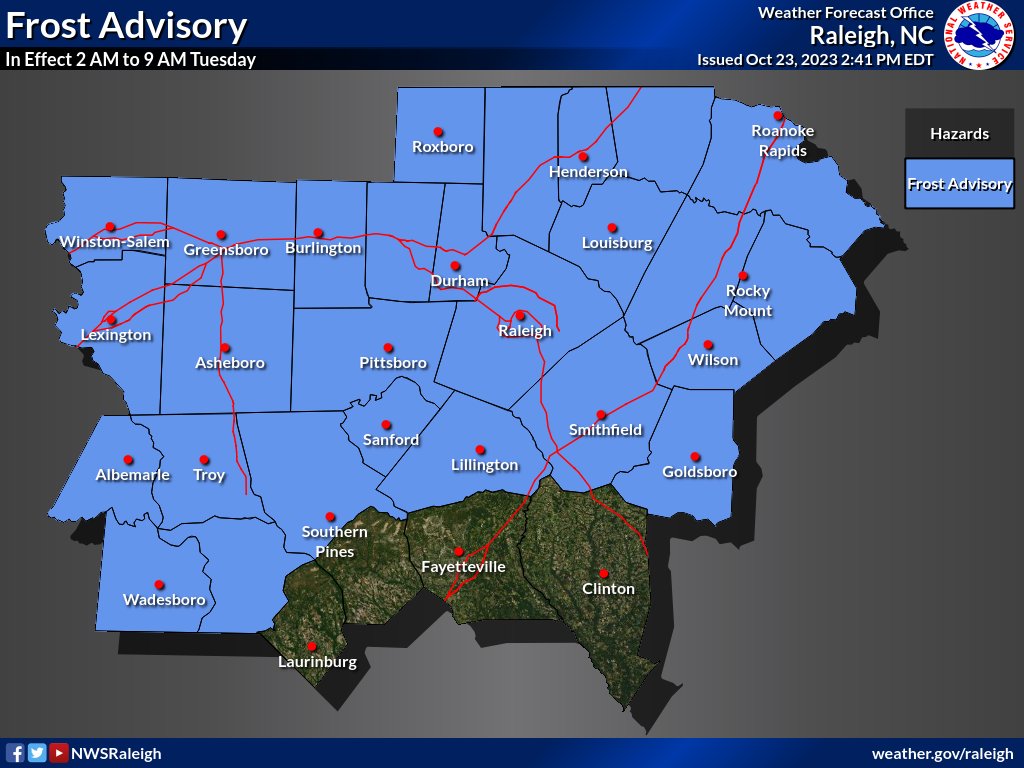 NWSRaleigh's tweet photo. A Frost Advisory is now in effect for Tuesday Morning across most of central NC. Temperatures in the low to middle 30s will result in frost formation. Frost could kill sensitive outdoor vegetation if left uncovered. Take steps to protect tender plants from the cold. #NCwx https://t.co/I1NHTc1uKC