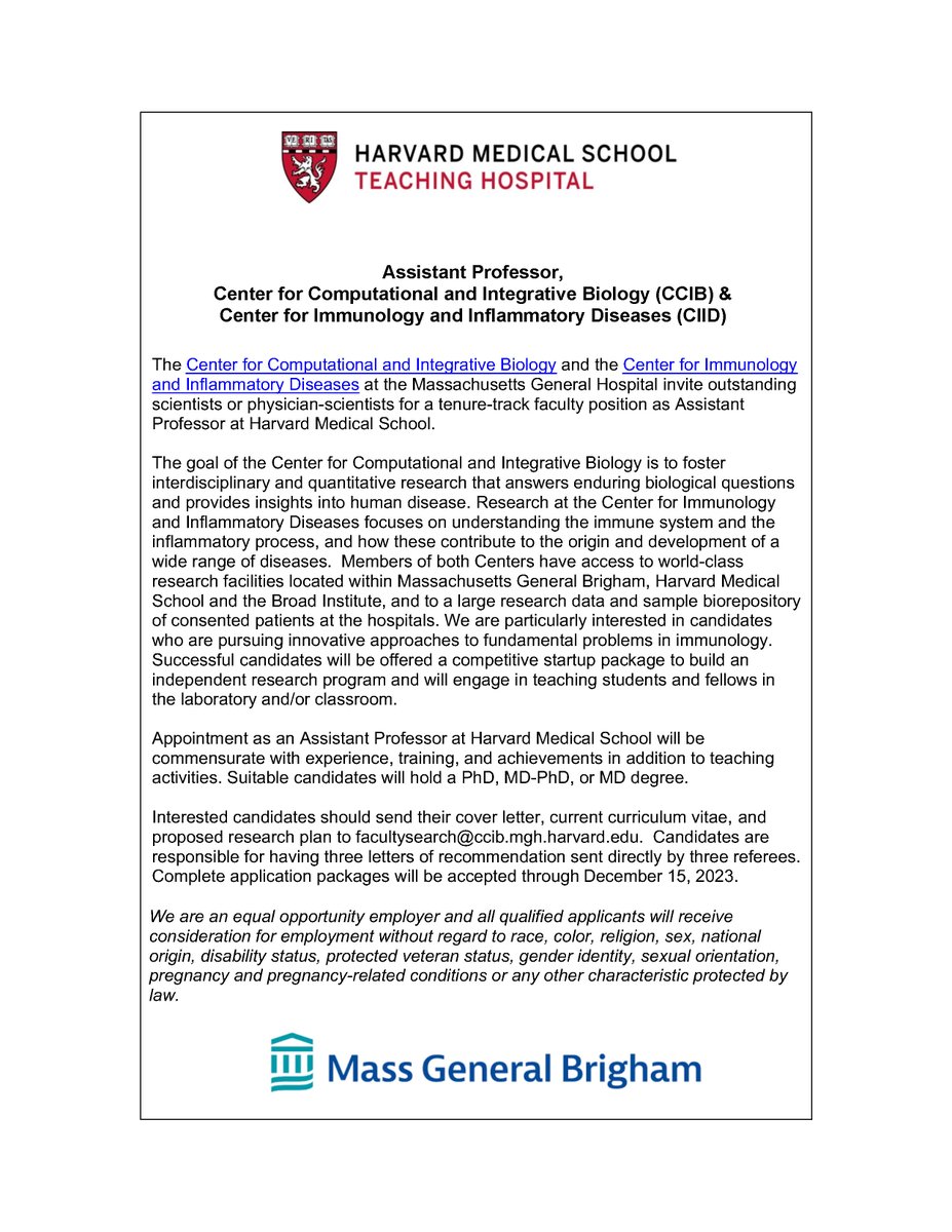 The Center for Computational and Integrative Biology and the Center for Immunology and Inflammatory Diseases are seeking an Assistant Professor pursuing innovative approaches to fundamental problems in immunology with a focus on clinical applications.