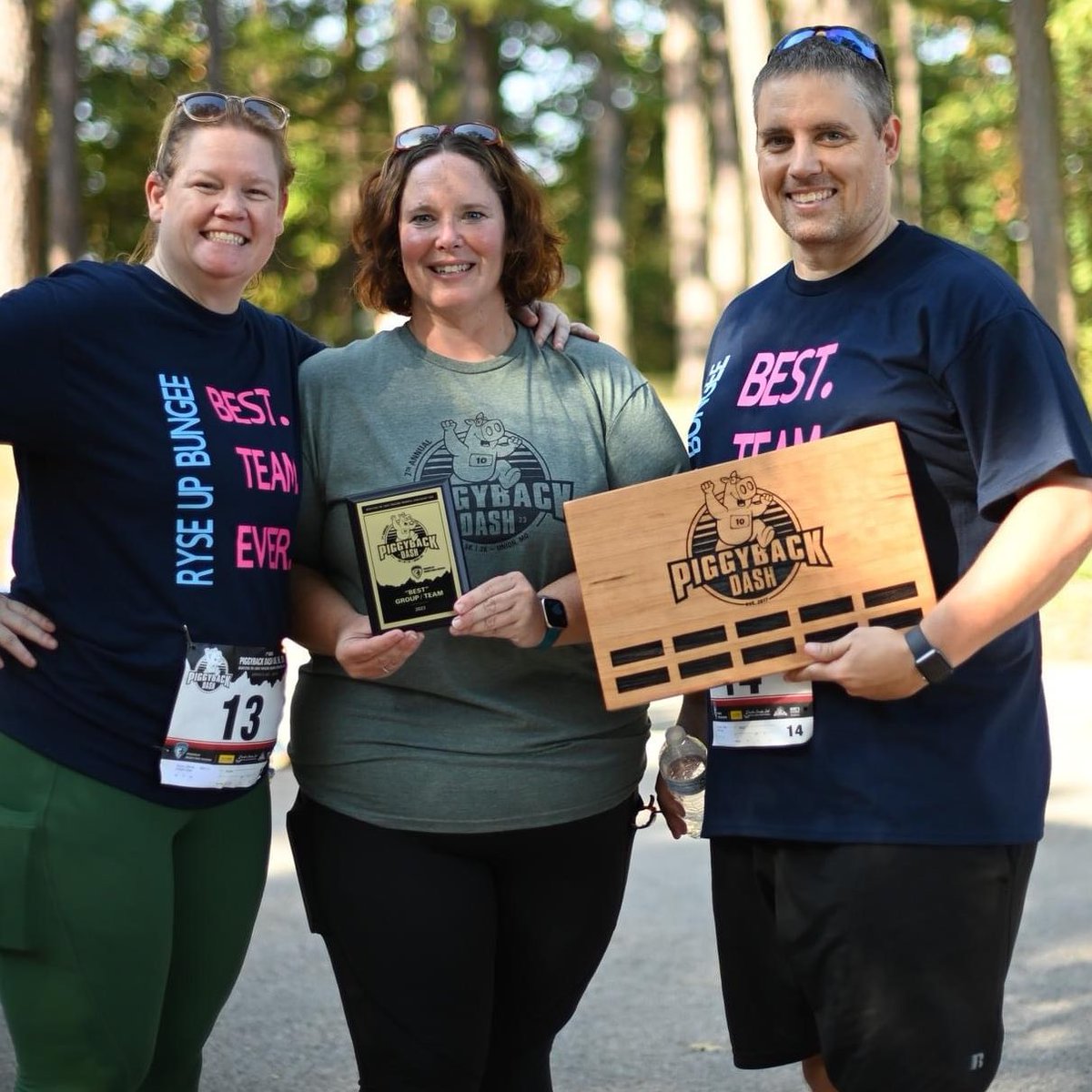 PiggybackDash's tweet photo. It’s #medalmonday and we wanted to thank Fenrir Woodworks for their awesome craftsmanship on our traveling award for “Best” Group/Team. Congrats to Ryse Up Bungee for being the first team to win it. #butcherblock #woodworking #plaque #unionmo #autumnhill #scholarship #runpbd https://t.co/NnIx07Cb38