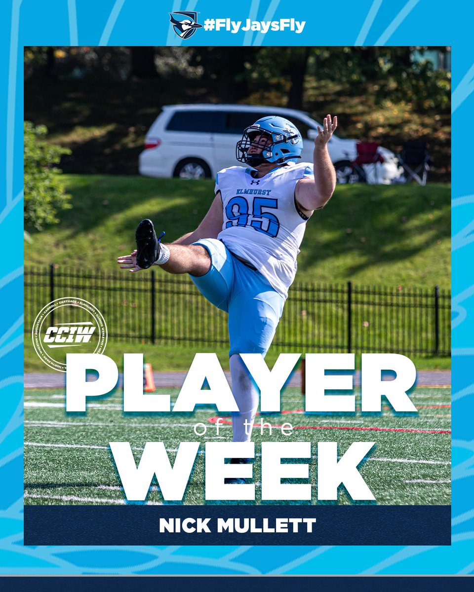 Freshman punter Nick Mullett of @elmhurstu_fb earned CCIW Special Teams Player of the Week honors after averaging 47.5 yards over four punts against Millikin last Saturday! #FlyJaysFly 📰bit.ly/495xFjp
