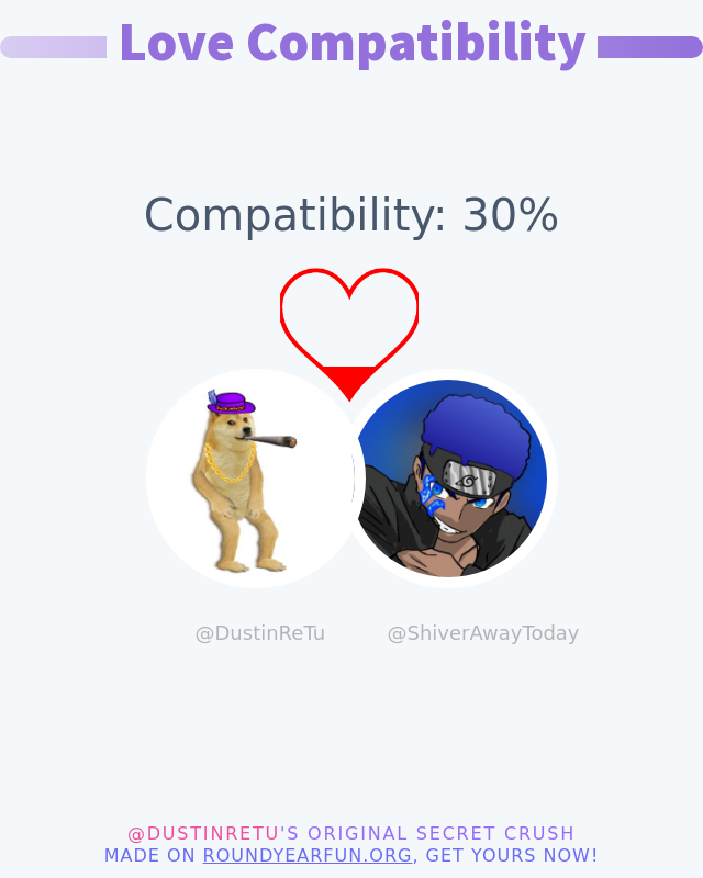 DustinReTu's tweet image. My love compatibility with @ShiverAwayToday is 30%

➡️ funxgames.me/lovecalculator