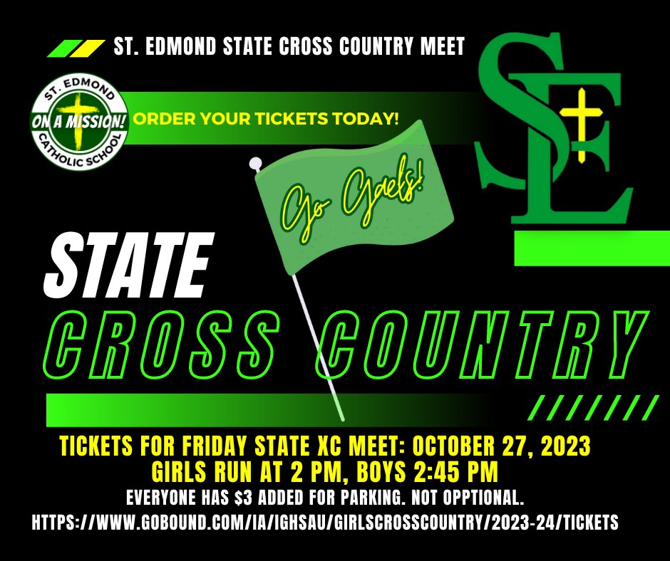 We look forward to seeing you at Friday's State Cross Country Meet. Go Gaels! Tickets for Friday's State Cross Country Meet: Everyone has $3 added for parking. Not optional. Order using this link: gobound.com/ia/ighsau/girl…