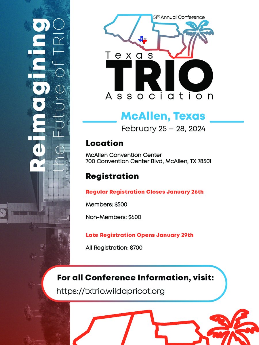 51st Annual Texas TRIO Conference Regular Registration is now open!
<a href="/SWASAPTRiO/">SWASAP</a> <a href="/COETalk/">Council for Opportunity in Education</a> <a href="/lasaptrio/">LASAPTRIO</a> <a href="/ArkansasTRiO/">AASAP</a> <a href="/trioworks/">TRiO Programs</a> <a href="/TheNTAA/">National TRIO Alumni</a> <a href="/ODSATRiO/">ODSA TRiO</a> <a href="/saeopp/">SAEOPP Inc.</a> <a href="/EdOpAssoc/">EOA</a> <a href="/MEAEOPP/">Mid-Eastern TRIO</a> <a href="/TRIOMOKANNE/">MOKANNE</a> #TRIOworks