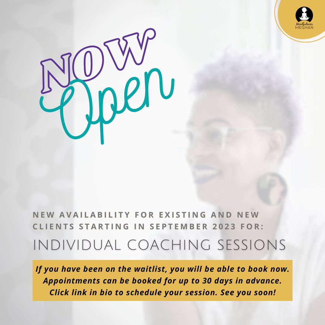 I've opened up my availability for new clients and existing clients: calendly.com/mindfulnessmeg

If you've been inquiring, you know it's been over a year since I've taken new clients on. September came and went - forgot to post in X! Looking forward to connecting #coaching
