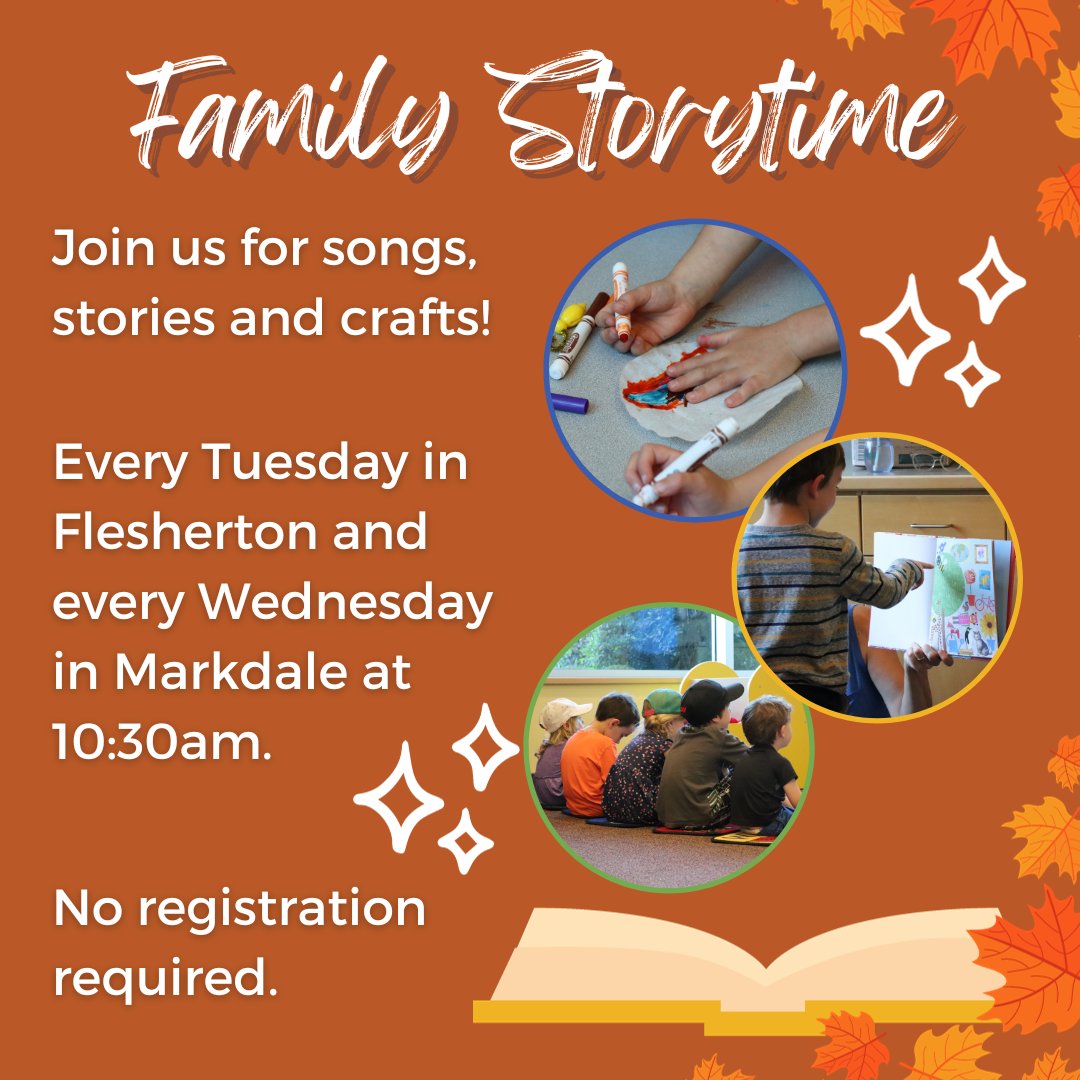 GreyHighlandsPL's tweet photo. Friendly reminder that Family Storytime in Markdale will take place at 10:30 am at the @SEGCHC this Wednesday, October 25, and next Wednesday, November 1 while the Walter Harris Memorial Library is closed for renovations. https://t.co/fF6s6aqCT9