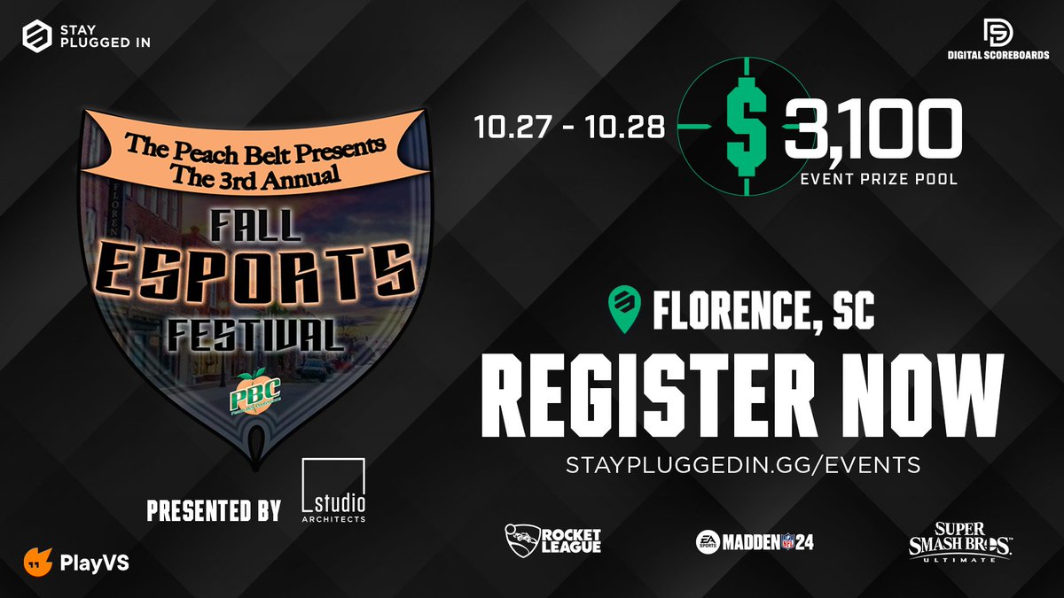 The Third Annual @PeachBelt Fall Esports Festival is coming up! 🍑 Open to ALL competitors! 😄 🎮 Madden NFL 24, Rocket League and Super Smash Bros.™ Ultimate 🗓️ Oct. 27 - 28 📍 Florence, SC 💰 $3,100 Prize Pool Registration closes Oct. 25th ⤵️ 🌐 staypluggedin.gg/events/peach-b…