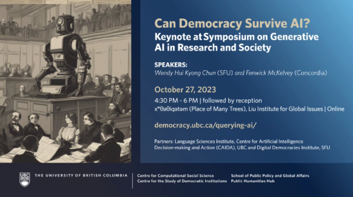 Happening soon! Join us for a discussion panel by Dr. Wendy Chun and Dr. Fenwick McKelvey. There are few open slots for the in-person and online keynote session. You can register here: eventbrite.ca/e/querying-ai-… @sfuCMNS