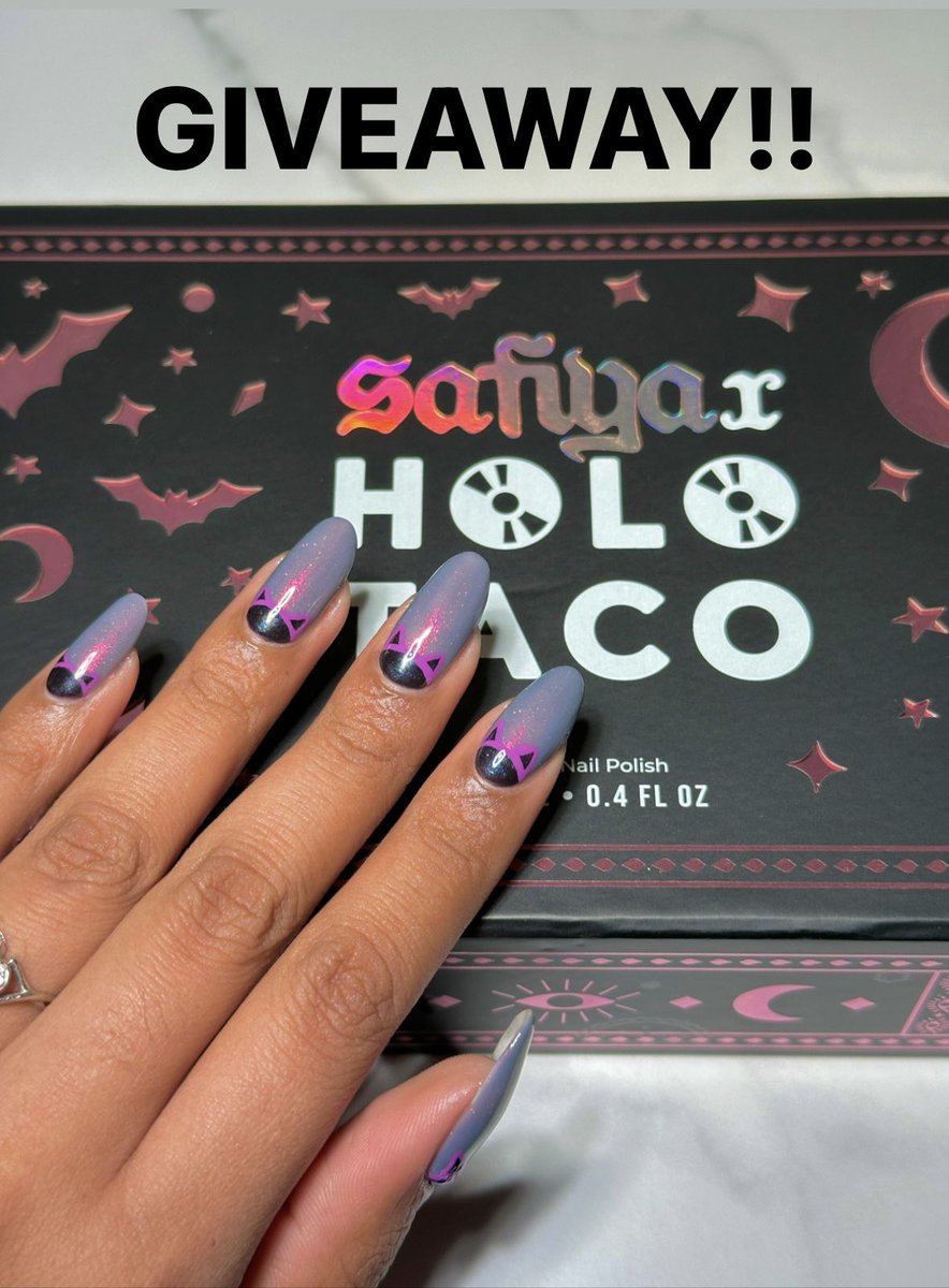 advaitisnails's tweet photo. GIVEAWAY! I was lucky to meet Cristine @nailogical and Safiya this September and they were kind enough to give me a @holotaco x Safiya collection box and sign it! 

Since you all have been so supportive of me the past few months, I would like to give back to yall by giving this signed collection box away! 

How to enter:
1) follow @advaitisnails 
2) like this post
3) repost this post

Giveaway runs until October 29th and the winner will be announced on Halloween! Only shipping to contiguous US.