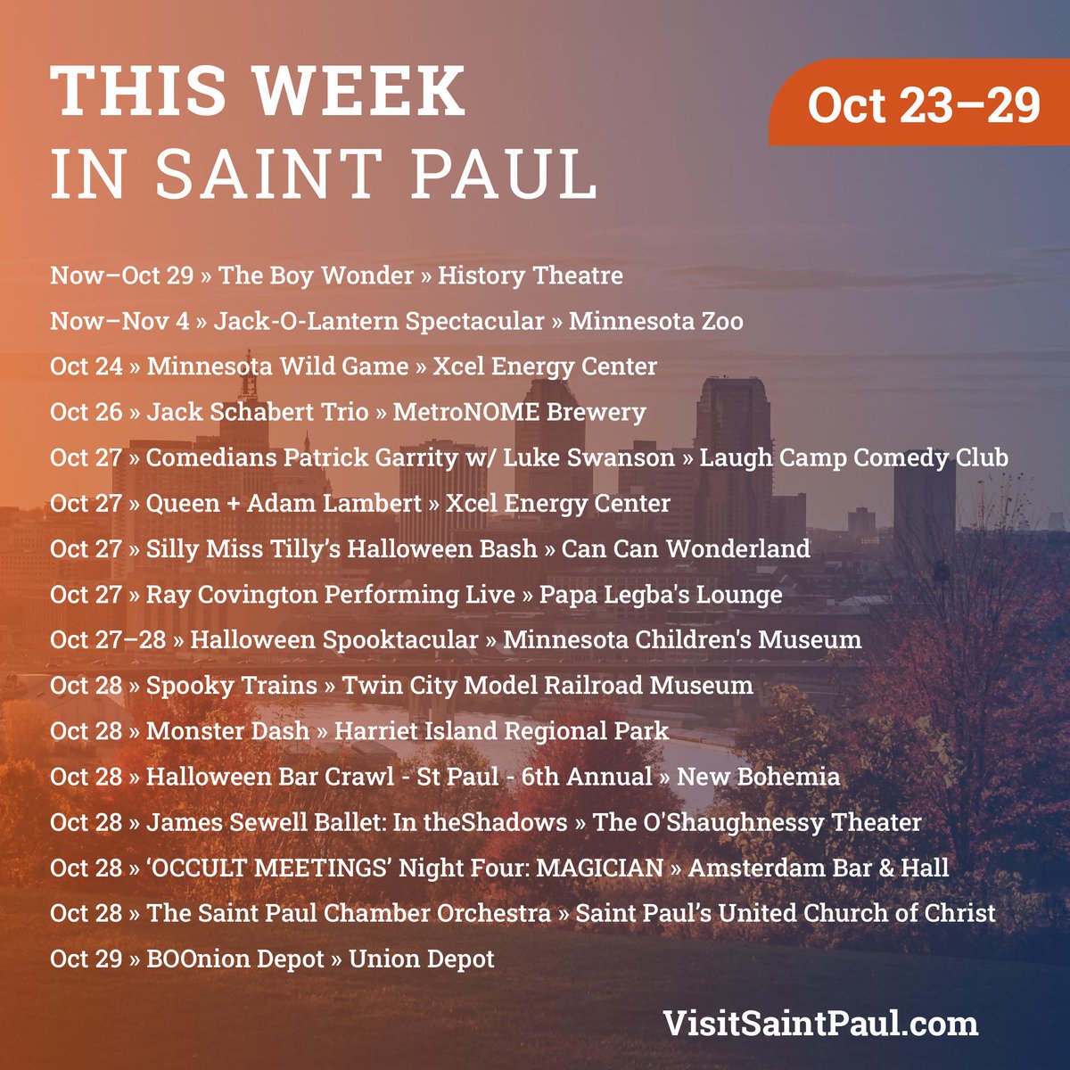 With Halloween just around the corner, get ready for an action-packed week of events in #MYSAINTPAUL. 👻 Sign up for THE GO LIST email to get events sent directly to your mailbox » bit.ly/3tyohob

#GoList #VisitSaintPaul #StPaulMN #SaintPaulMN #STP #MNEvents #TwinCities
