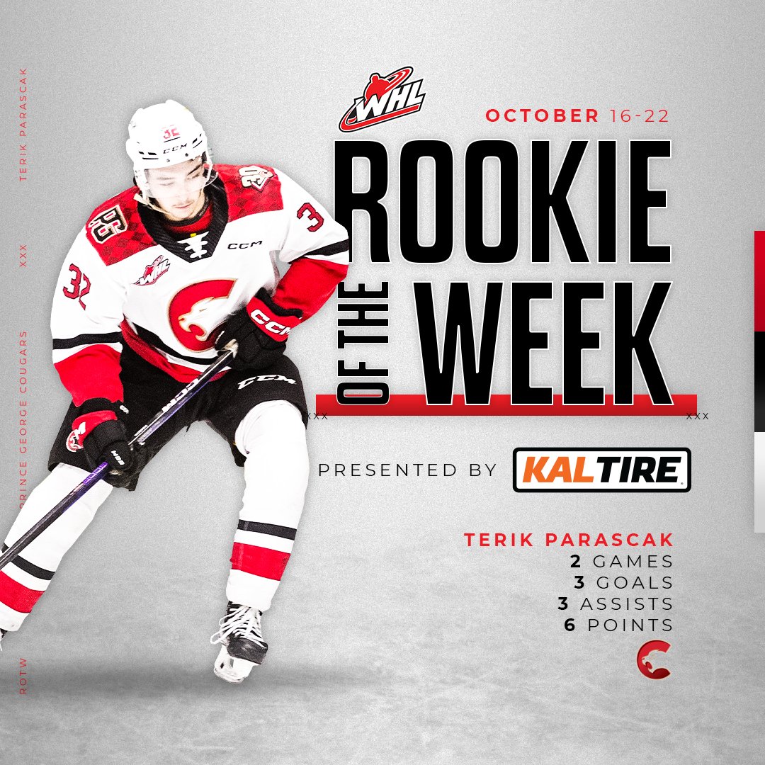 He's done it again! For the third time this season, @PGCougars forward Terik Parascak is the @KalTire WHL Rookie of the Week! 📰 | tinyurl.com/223nep6v