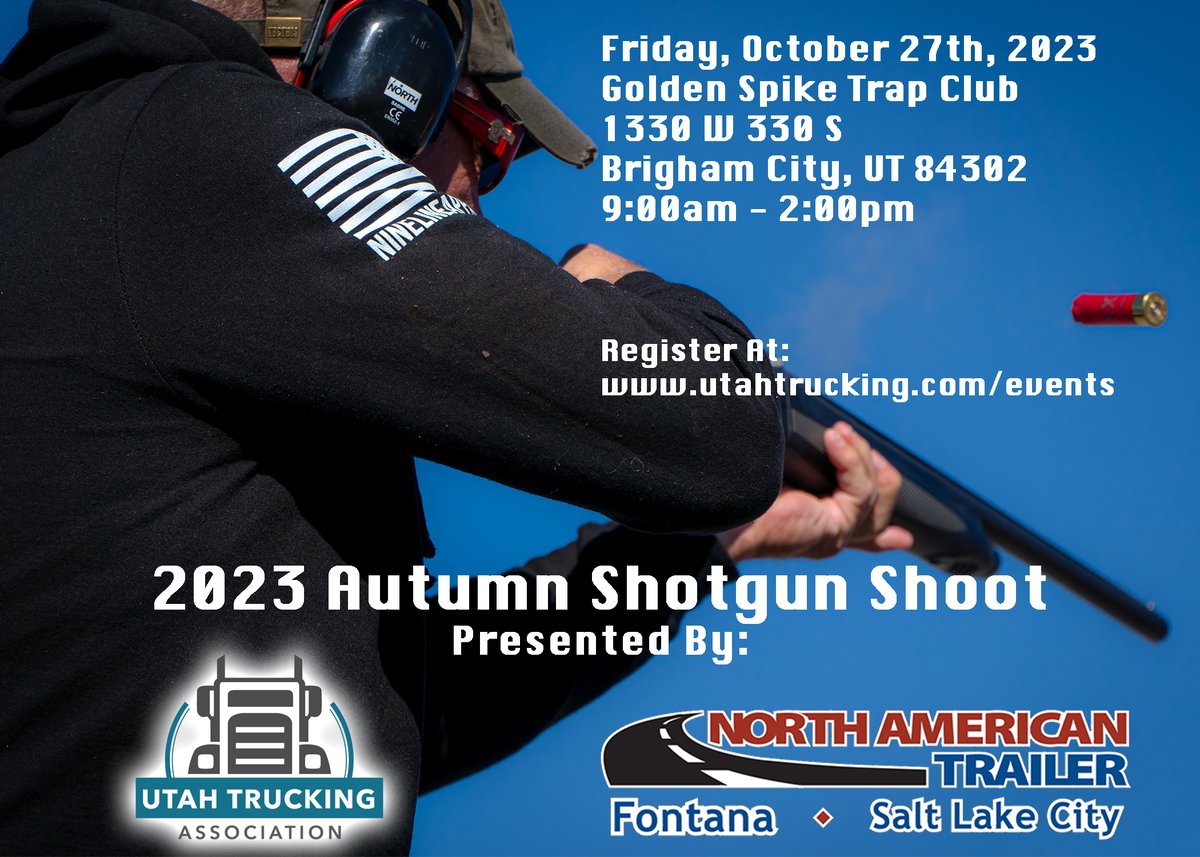 We just wanted to send out a quick reminder of the Autumn Shotgun Shoot this coming Friday (10/27/23). There is still room to attend. Come test your skills, eat a great lunch, and spend the day with some great people.

utahtrucking.ticketspice.com/2023-autum-sho…