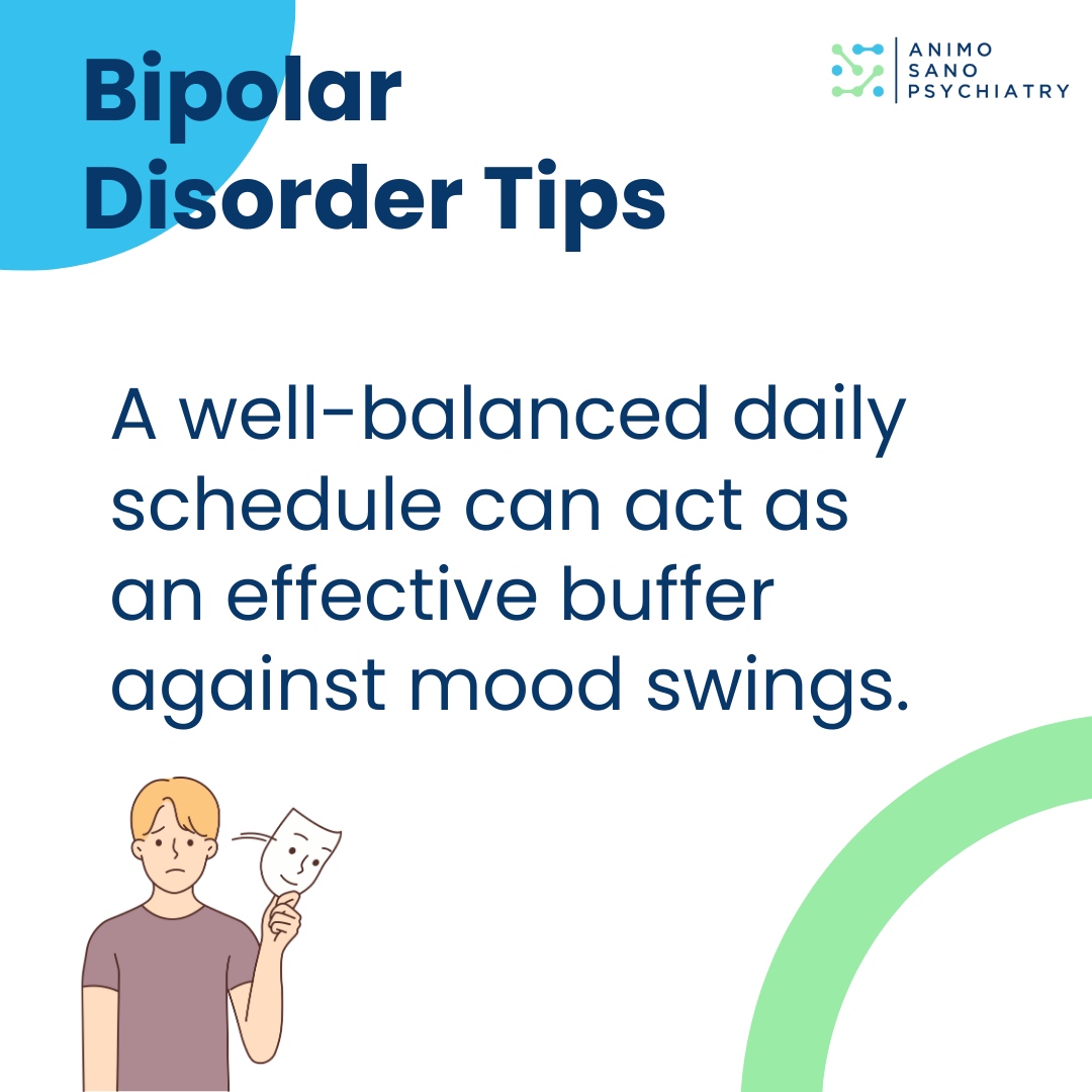 By plotting your day and maintaining a consistent schedule, you can limit unpredictability and potential triggers of manic or depressive episodes. 

Interested to learn more? Check out our latest blog post: animosanopsychiatry.com/navigating-bip…

#bipolardisorder #mentalhealthmanagement