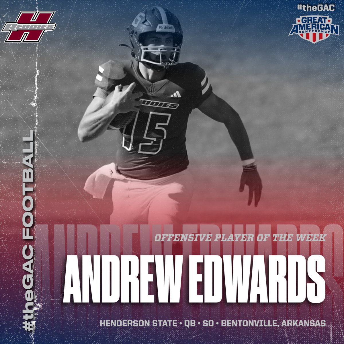 GACAthletics's tweet photo. #theGAC 🏈 WEEK SEVEN PLAYERS OF THE WEEK:    Co-Offensive - Andrew Edwards, QB @ReddieSports &amp; Kendel Givens, RB @OuachitaTigers 
Defensive - Carter Brock, LB @SNUAthletics 
Special Teams - Luke Watkins, P @OBU_Athletics https://t.co/26EU1xLaB6