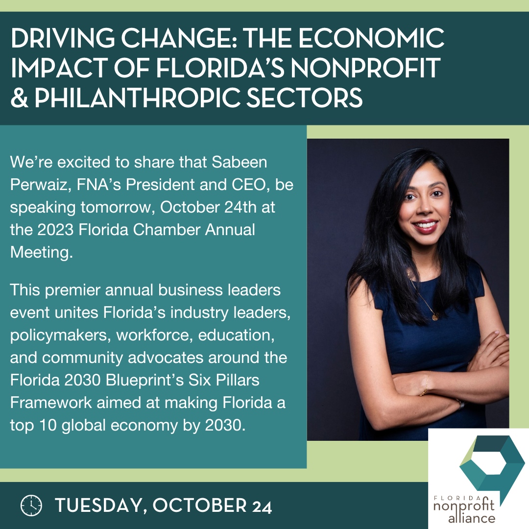 FLNonprofits's tweet photo. We're excited to share that our President and CEO, Sabeen Perwaiz, will be a speaker at tomorrow's 2023 Florida Chamber Annual Meeting; Future of Florida Forum.
#FLnonprofits #philanthropy #giving #nonprofits #nonprofitresources #nonprofitresearch #nonprofiteducation https://t.co/isEO6ZDZK1