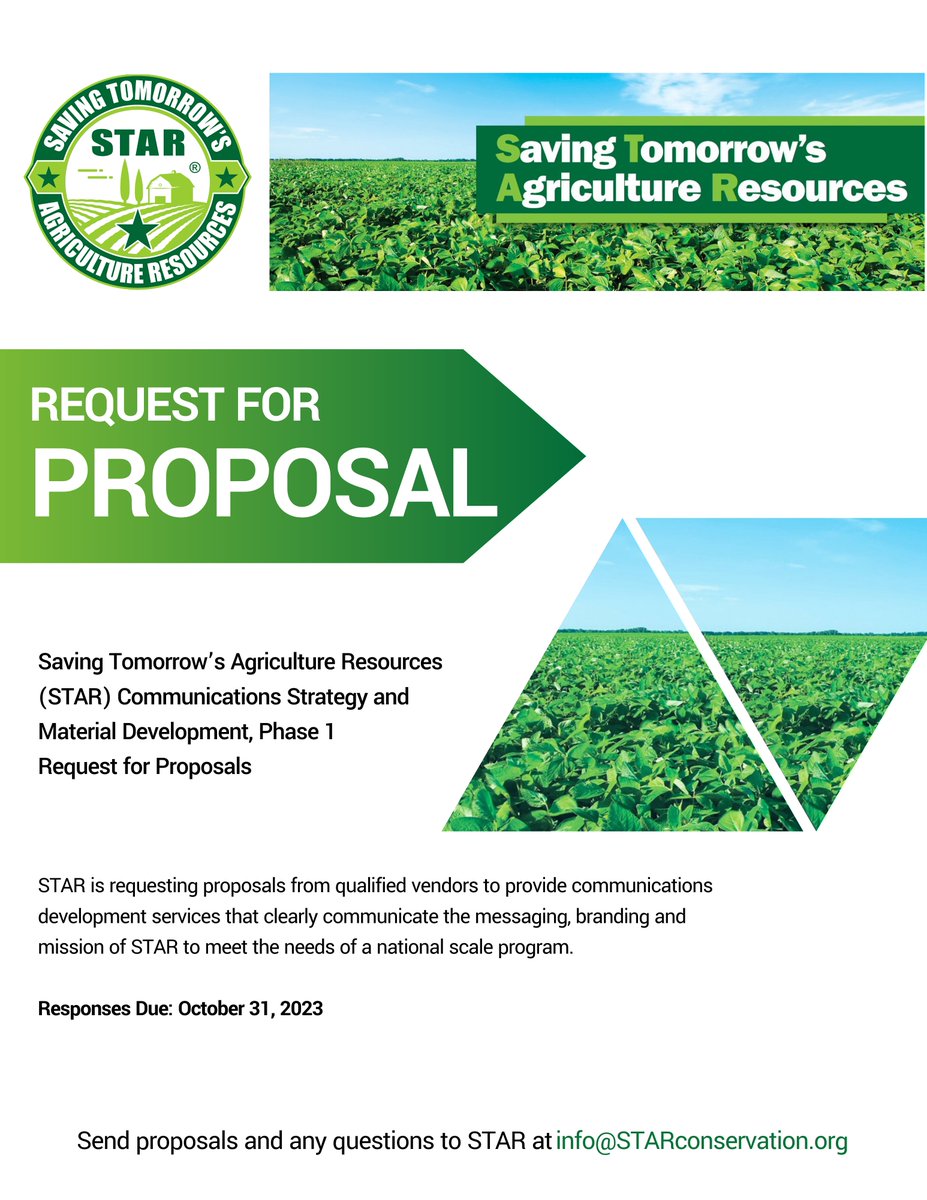 STARfreetool's tweet image. A Communications Request For Proposal has been posted on the national Saving Tomorrow’s Agriculture Resources (STAR) website. Proposals are due on October 31st.

Check out this link for more details on the RFP document ➡️ starconservation.org/wp-content/upl…