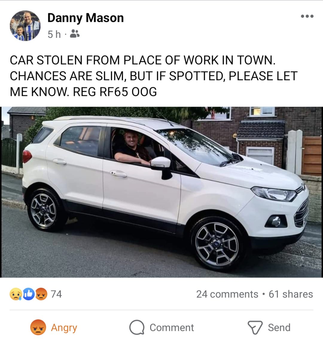Our car was stolen from work today (Aizlewood Mill car park, just off Derek Dooley way!), in the middle of the day too, we are absolutely devastated! If anyone hears anything, please let us know! <a href="/dannymason1986/">Danny Mason 🦉🏴󠁧󠁢󠁥󠁮󠁧󠁿</a>