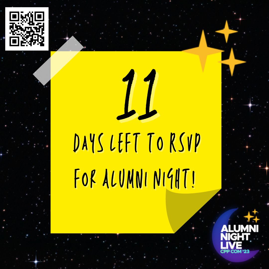 cppeventsplan's tweet image. It's (almost) time to celebrate! 🎉
11 days left to get your ticket and join us for Alumni night. Don't miss out!
To purchase a ticket, follow the qr code or this link here:
ow.ly/hTYG50PYPFf 🤩