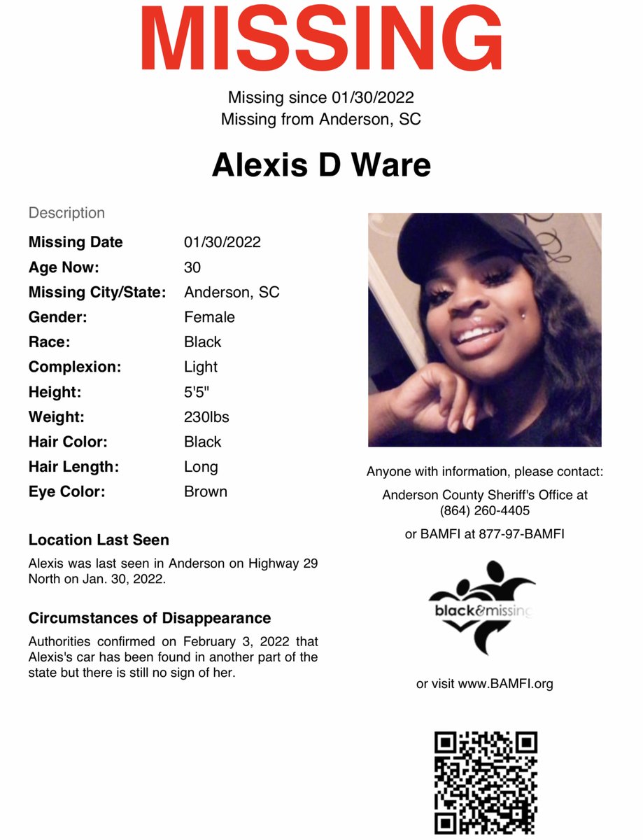 #Anderson, SC: Alexis Ware is STILL MISSING! On Jan 30, 2022, Alexis disappeared after leaving a gas station along Highway 29 North in Anderson County. Her car was found in McCormick County w/her personal belongings. #HelpUsFindAlexis #Anderson #SouthCarolina #AlexisWare