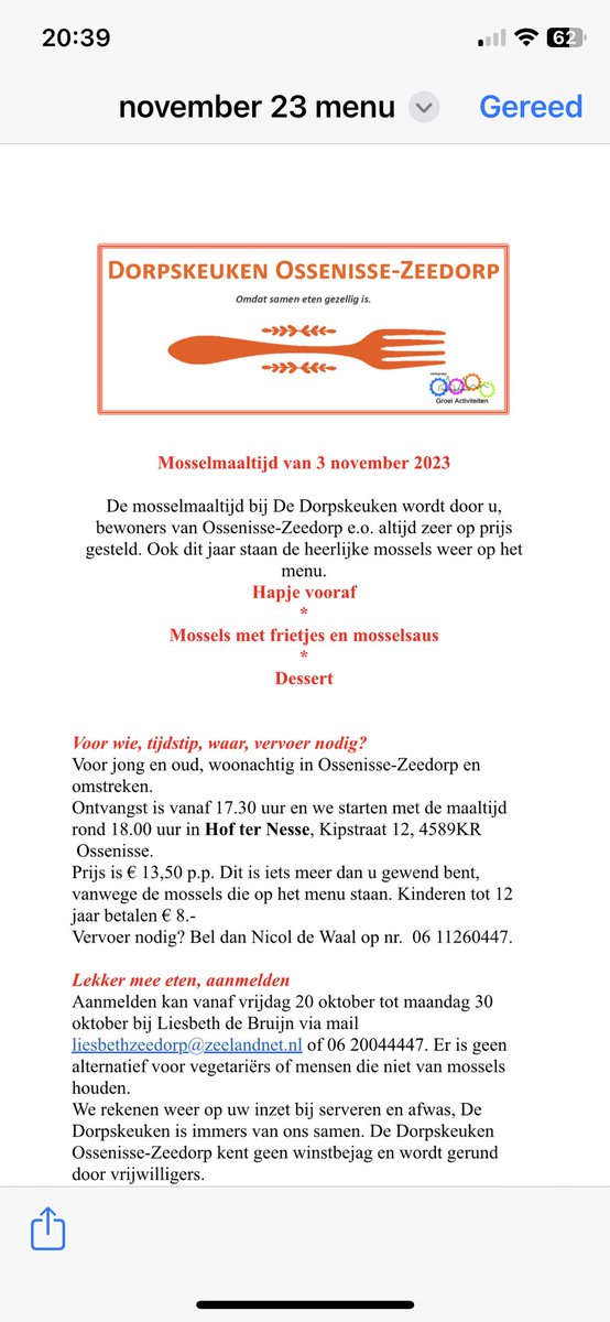 We gaan weer #mossels koken en eten in Ossenisse-Zeedorp. Eerst eten we een hartige tompoes met gerookte zalm en we sluiten af met lekkere chocolademousse. 
Koken met en voor het #dorp