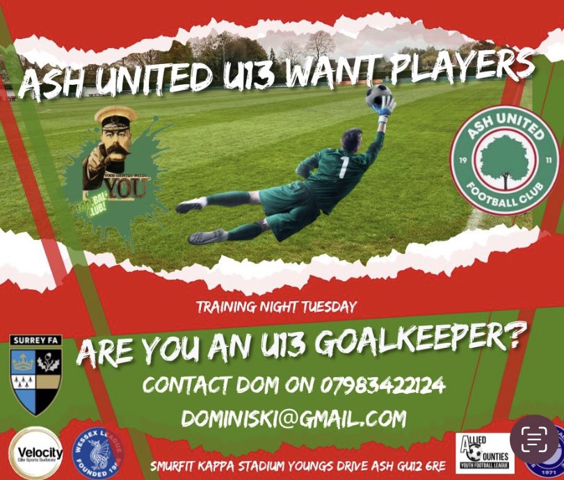 *** PLAYERS WANTED ***

Our U13 are looking for a Goalkeeper and outfield players for this season. 

If your looking for a team then we’re the club for you! 

Contact Dom below and he can let you know all the info 🟢🔴

#ashunitedyouthfc

#newplayerswelcome