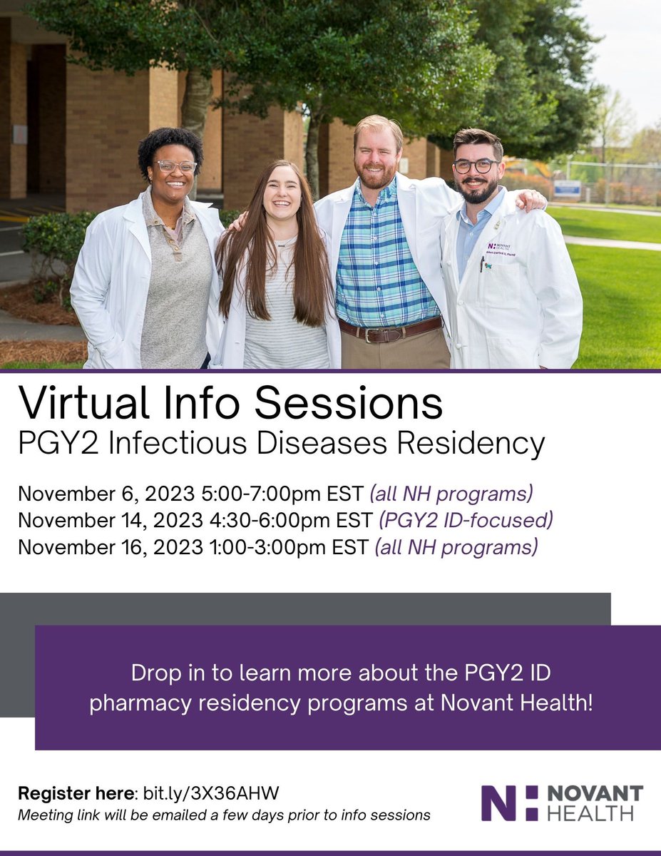 It’s that time of year again! 📣 If you are interested in pursuing an ID PGY2, join us for one of our open houses to learn about our two ID residency positions at Novant Health in Charlotte and Winston-Salem, NC. Come join our team, we’re fun 🤓 #IDtwitter #PharmRes #TwitteRx