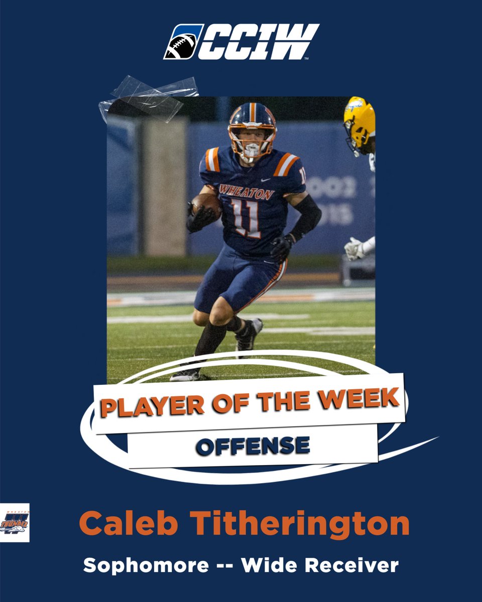 Following his school record five touchdown catches in Saturday's win at Carroll, Wheaton's Caleb Titherington has been named the CCIW Football Student-Athlete of the Week on offense!

Titherington's five TD grabs is the most in a single game for any D3 player this year.
#LetsRoll