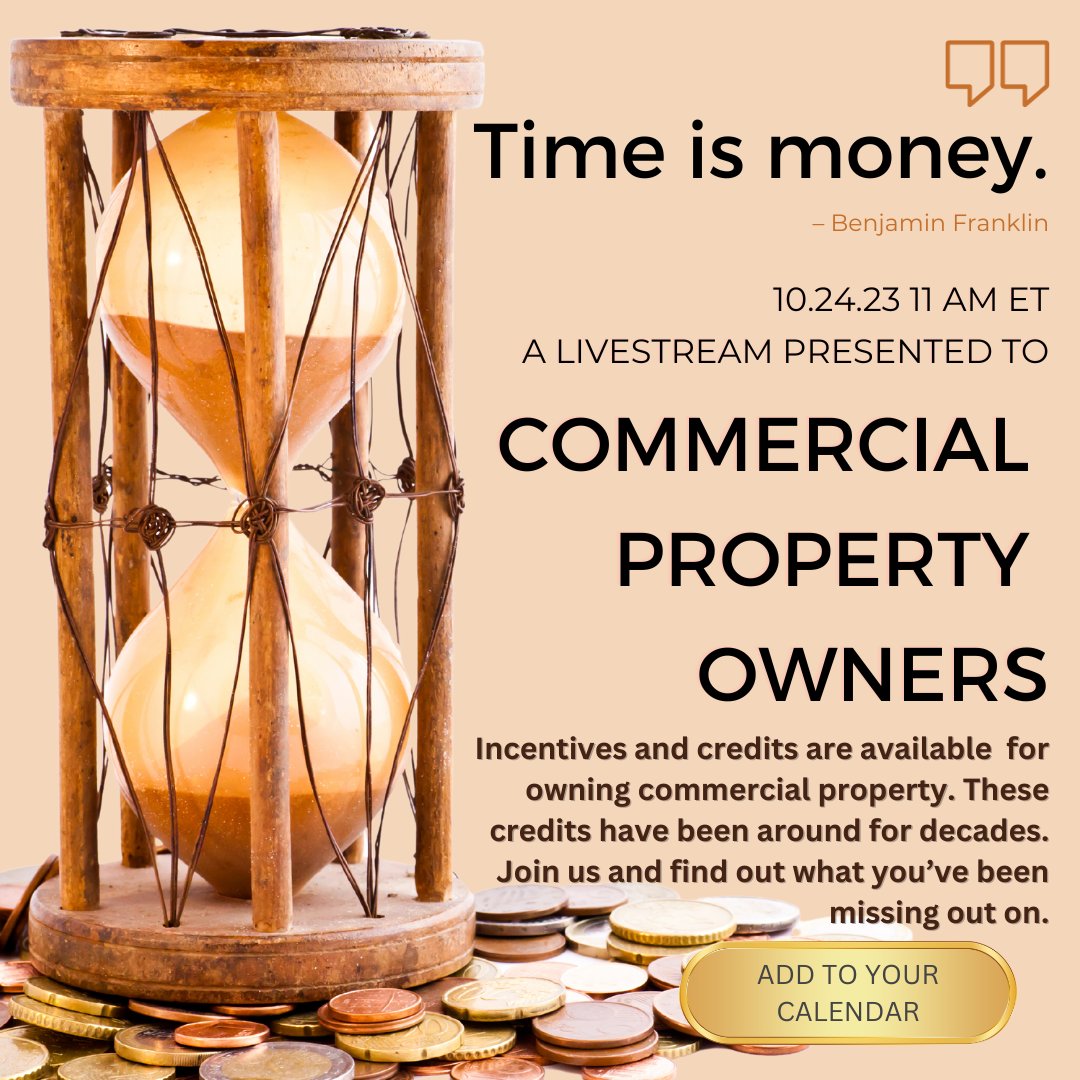 katejohnsun's tweet photo. On October 24th at 12:00 PM ET, my colleagues and I are hosting a 20 minute livestream event to help investors and business owners cash in on these incentives and strategies.
For example -add the link below to your calendar↓
#entrepreneur #cashflow #freemoney #erc #taxcredits https://t.co/bvnpOjVnB0
