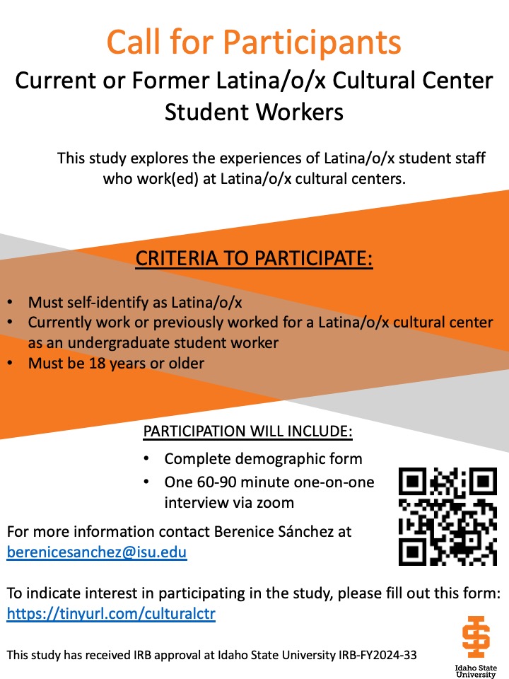 Hello everyone! I’m recruiting current and former Latina/o/x Cultural Center student workers who may be interested in participating in a research study.

To participate please complete the following demographic questionnaire:
tinyurl.com/culturalctr
