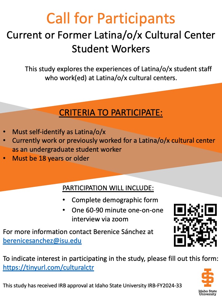 DraBSanchez's tweet photo. Hello everyone! I’m recruiting current and former Latina/o/x Cultural Center student workers who may be interested in participating in a research study.

To participate please complete the following demographic questionnaire:
https://t.co/XlldulRsV4 https://t.co/NPDCHgSThh