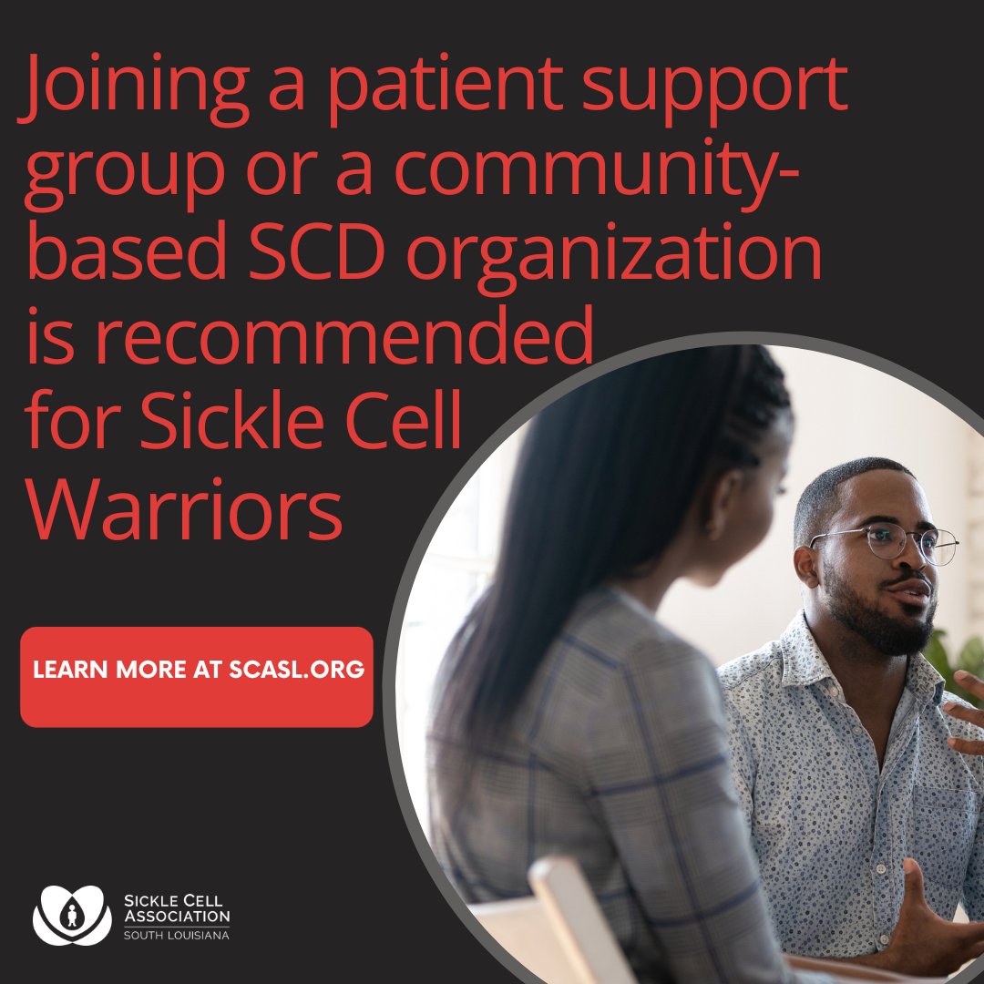 Did you know joining a patient support group or a community-based SCD organization is recommended for people with SCD? We offer educational workshops for people living with SCD. For more information visit us at scasl.org

#SickleCellAwareness #SickleCellDisease