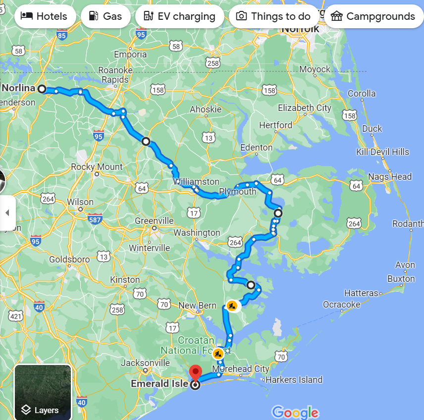 RaleighReporter's tweet photo. I tried to find a route in which the senator for proposed #ncga District 2 could drive from one end of the district to the other without leaving the district...and it appears to be impossible without a boat. This route is 6+ hr and requires two ferries outside district #ncpol https://t.co/gzIRbFywyM