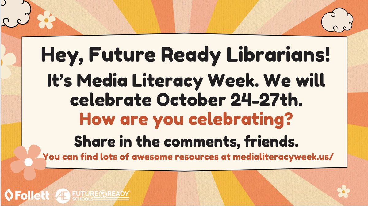 shannonmmiller's tweet photo. Hey, Future Ready Librarians.🤩

It's Media Literacy Week.  We will celebrate October 24-27th.

How are you celebrating In your library and at your school?

Share in the comments, friends.

You can find lots of awesome resources at https://t.co/MVsE2mRzQK

#futurereadylibs #futureready #tlchat #edchat #edtech #ISTELib #medialiteracyweek