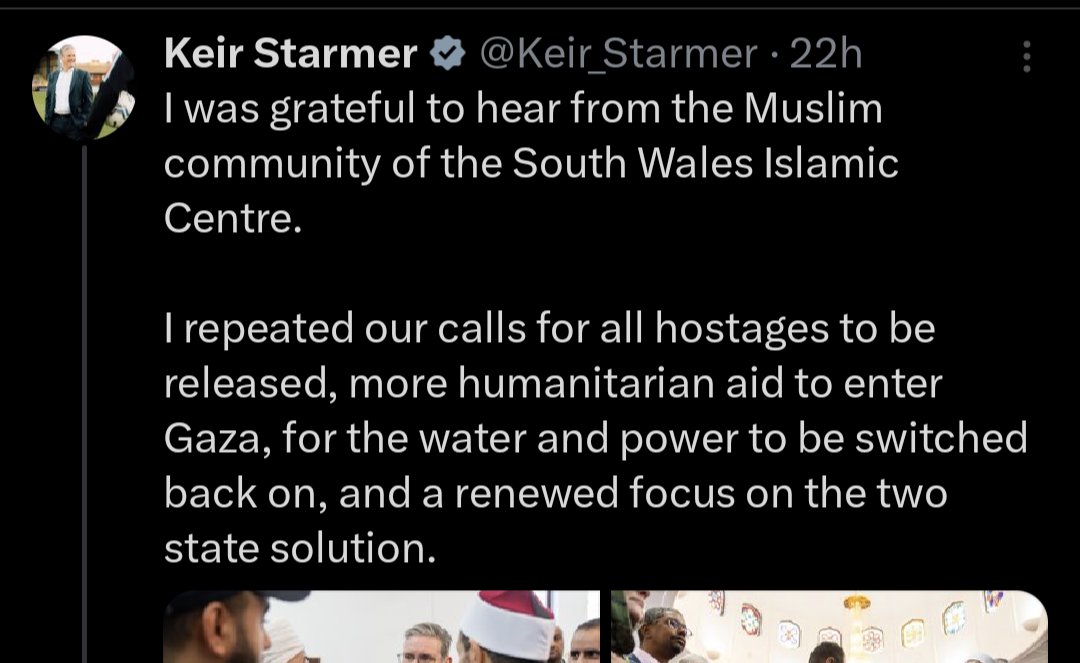 People are *pretending* they think Keir Starmer was calling on the South Wales Islamic Centre to influence releasing hostages. Or they are idiots. Is he calling on them to switch on Gaza's water too? This is all too serious for dicking about with nonsense accusations.