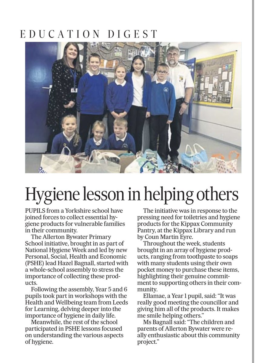 Allerton Bywater Sch (@abpssch) on Twitter photo Today our fabulous school council children had an article published in the Yorkshire Post! Our event collecting hygiene products was shared far and wide. Well done to everyone who donated and helped in some way! I’m proud of you all! #teamABPS 💙 🦢 <a href="/BrigshawTrust/">Brigshaw Learning Partnership</a> Today our fabulous school council children had an article published in the Yorkshire Post! Our event collecting hygiene products was shared far and wide. Well done to everyone who donated and helped in some way! I’m proud of you all! #teamABPS 💙 🦢 <a href="/BrigshawTrust/">Brigshaw Learning Partnership</a>
