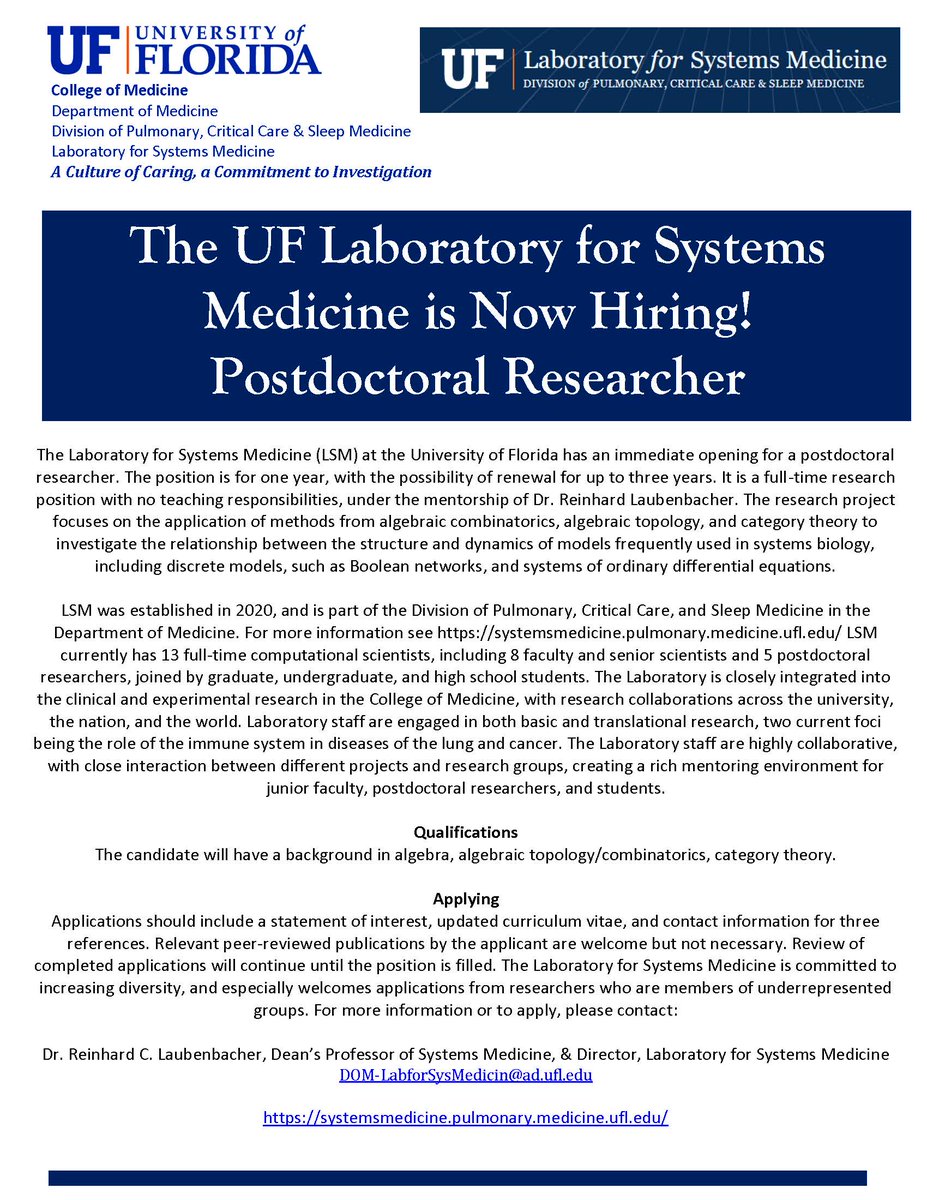 We are hiring! Dr. Reinhard Laubenbacher is looking for a Postdoctoral Researcher to join his dynamic team. #STEMjobs #NowHiring #MathJobs #PostdocJobs #LSM