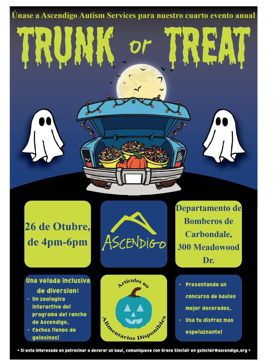 Join us and @ascendigo Autism Services for the 4th Annual Trunk or Treat Event! 

Únete a nosotros y a @ascendigo Autism Services para el  evento anual de Trunk or Treat!
October 26, 2023, 4pm - 6 pm at Carbondale Fire Headquarters, 301 Meadowood Drive