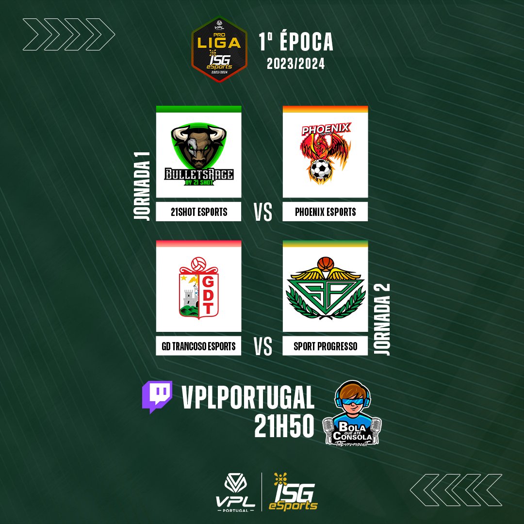 Quase a começar a primeira stream da Liga, dois jogos imperdíveis 🔥

Não percas em

twitch.tv/vplportugal

#VPLPortugal #ISGeSports #FC24 #ProClubs