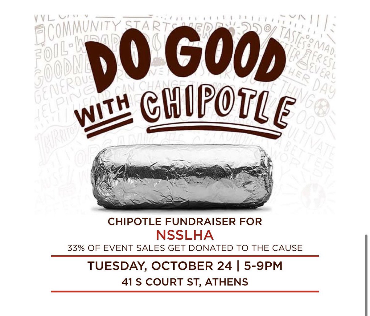 OU_NSSLHA's tweet photo. We are excited to announce we will be having a chipotle fundraiser October 24th from 5-9. Come out and support NSSLHA and receive points for contributing! All you have to do is upload your receipt to TopHat and you will earn 5 points!

Enjoy some food good for a good cause!🌯💚 https://t.co/eVMYw7Ns58